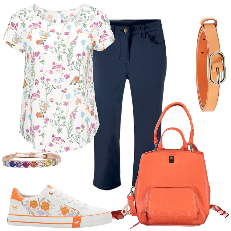 Outfit donna - Pantaloni capri blu. Stile Casual per Tutti i giorni. Abbinamento con bluse, sneakers, pantaloni capri, cinture, anelli, zaini.
