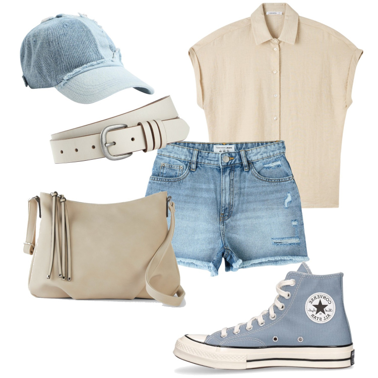Outfit donna - Comoda e fresca. Stile Casual per Tutti i giorni. Abbinamento con borse a tracolla, cinture, shorts, camicie a manica corta, cappelli, sneakers.