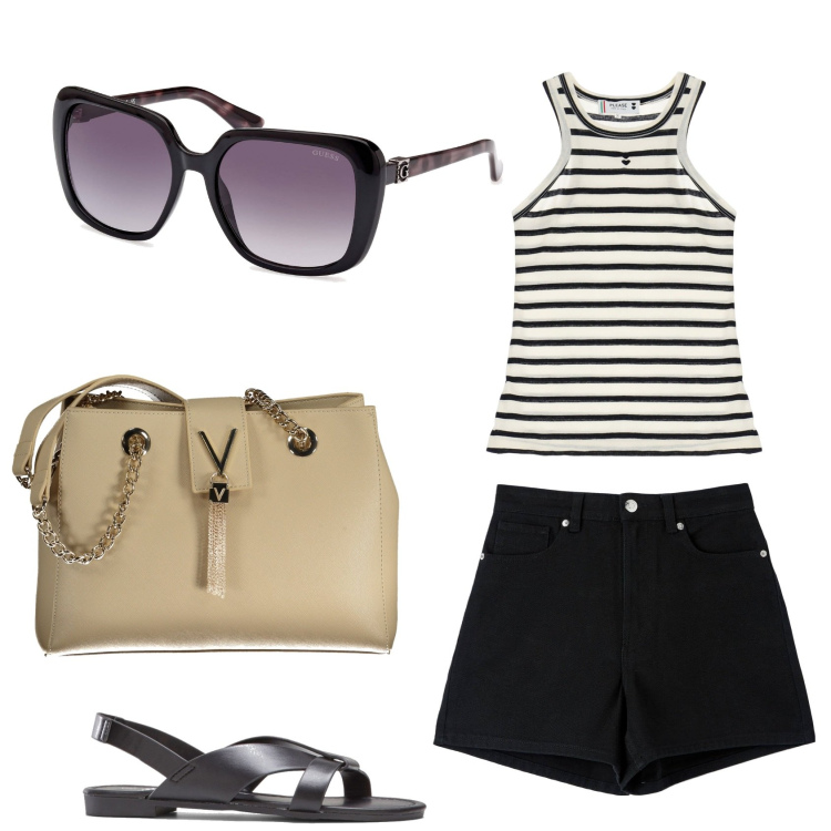 Outfit donna - Shorts e top. Stile Minimal per Tutti i giorni. Abbinamento con sandali, shorts, top, borse a spalla, occhiali da sole.