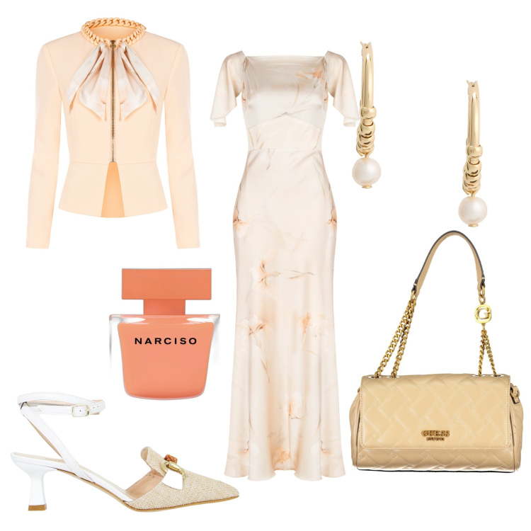Outfit donna - Cerimonia in abito lungo. Stile Romantica per Cerimonia. Abbinamento con profumi, vestiti lunghi, blazer, sandali col tacco, orecchini, borse a spalla.