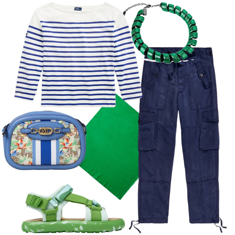 Outfit donna - Total look #1924263. Stile Casual per Tutti i giorni. Abbinamento con t-shirt, pantaloni cargo, sciarpe, borse a spalla, sandali, collane.
