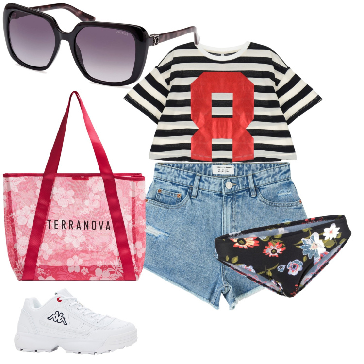 Outfit donna - Righe e fiori. Stile Sporty chic per Tutti i giorni. Abbinamento con culotte, sneakers, shopping bag, shorts, t-shirt, occhiali da sole.