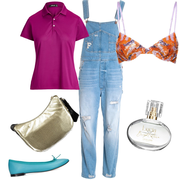 Outfit donna - Lucia. Stile Trendy per Tutti i giorni. Abbinamento con profumi, salopette, polo, ballerine, borse a tracolla, reggiseni.