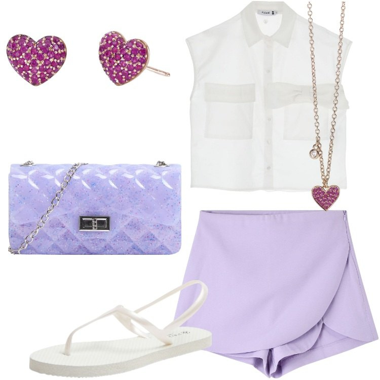 Outfit donna - Pizza in spiaggia al tramonto. Stile Basic per Mare. Abbinamento con sandali, borse a tracolla, gonne, orecchini, collane, camicie.