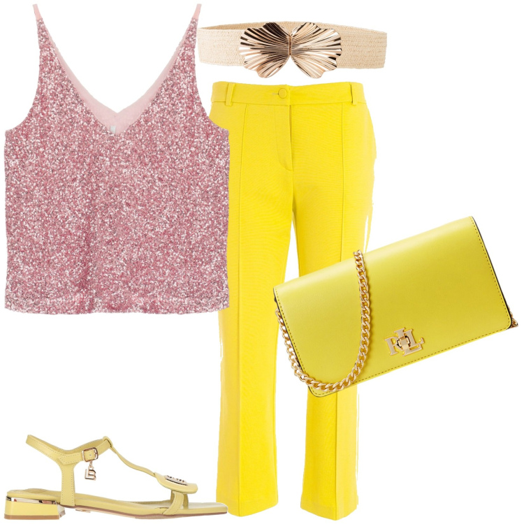 Outfit donna - Notte isolana. Stile Chic per Serata fuori. Abbinamento con cinture, sandali, pantaloni, top, borse a mano.
