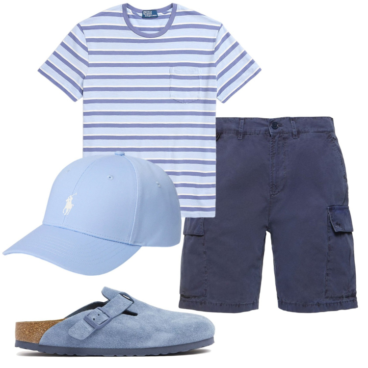 Outfit uomo - Total look #1924291. Stile Casual per Tutti i giorni. Abbinamento con cappelli, t-shirt, shorts, sandali.