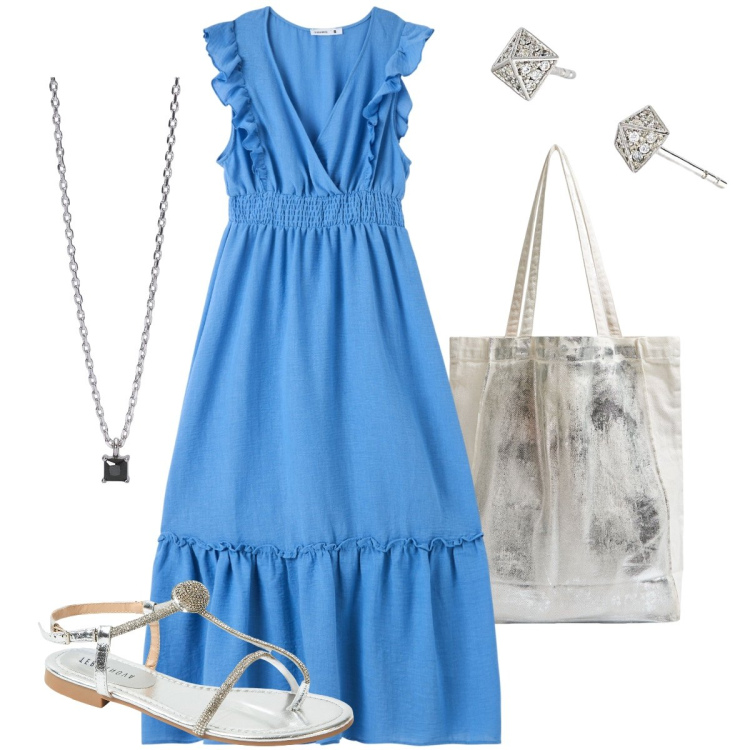 Outfit donna - Il vestito azzurro. Stile Bon Ton per Tutti i giorni. Abbinamento con vestiti lunghi, shopping bag, ciabatte, collane, orecchini.