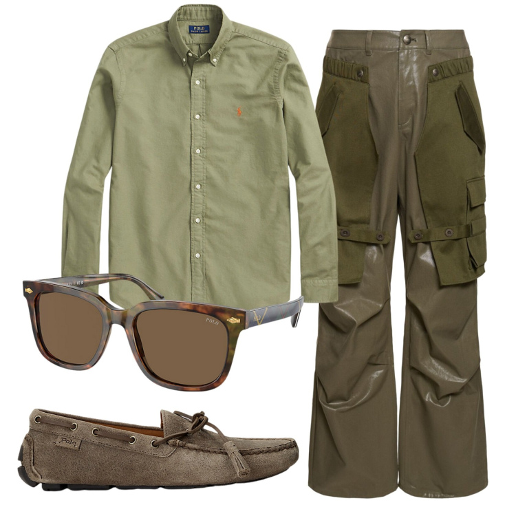 Outfit uomo - Total look #1924302. Stile Trendy per Tutti i giorni. Abbinamento con scarpe stringate, camicie, occhiali da sole, pantaloni cargo.