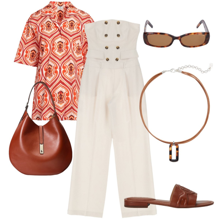 Outfit donna - La jumpsuit con il camicione. Stile Trendy per Serata fuori. Abbinamento con camicie a manica corta, tute, borse a spalla, sandali in pelle, ciondoli, occhiali da sole.