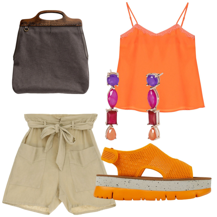 Outfit donna - Total look #1924315. Stile Casual chic per Tutti i giorni. Abbinamento con orecchini, shorts, top, borse a tracolla, sandali.