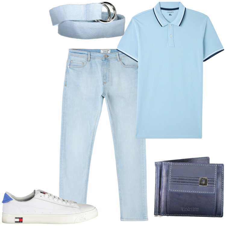 Outfit uomo - Total look #1924319. Stile Casual per Ufficio. Abbinamento con jeans skinny, polo, portafogli, scarpe sportive, cinture.