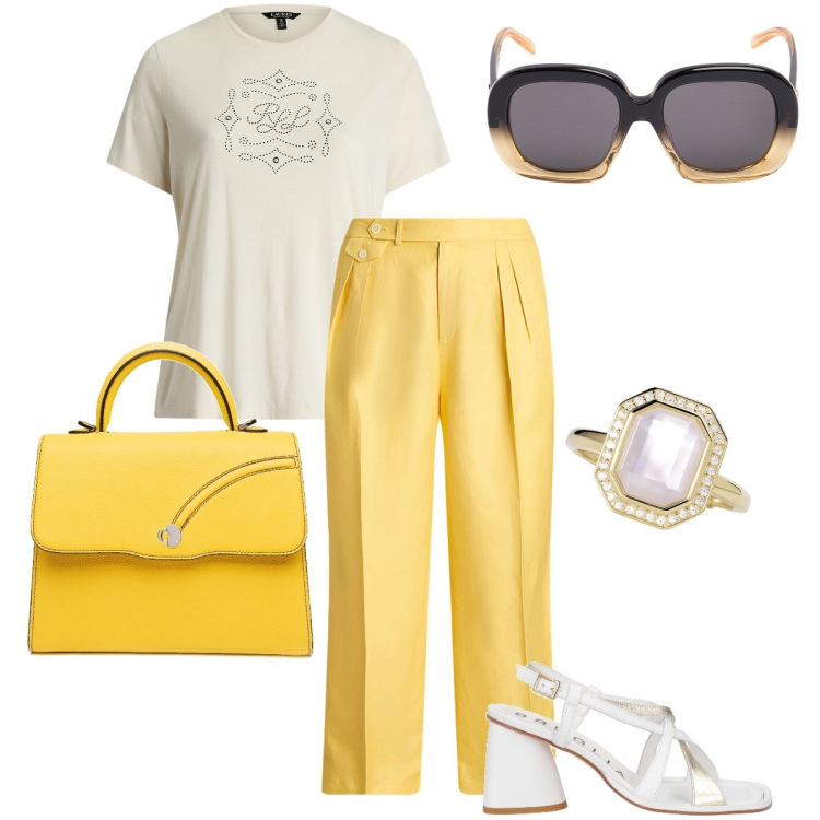 Outfit donna - La borsa gialla. Stile Bon Ton per Ufficio. Abbinamento con sandali in pelle, anelli, pantaloni, t-shirt, borse a mano, occhiali da sole.