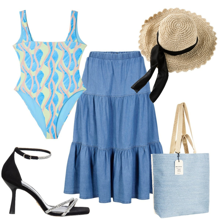 Outfit donna - Total look #1924323. Stile Trendy per Mare. Abbinamento con gonne longuette, cappelli, costumi interi, borse tote, sandali gioiello.