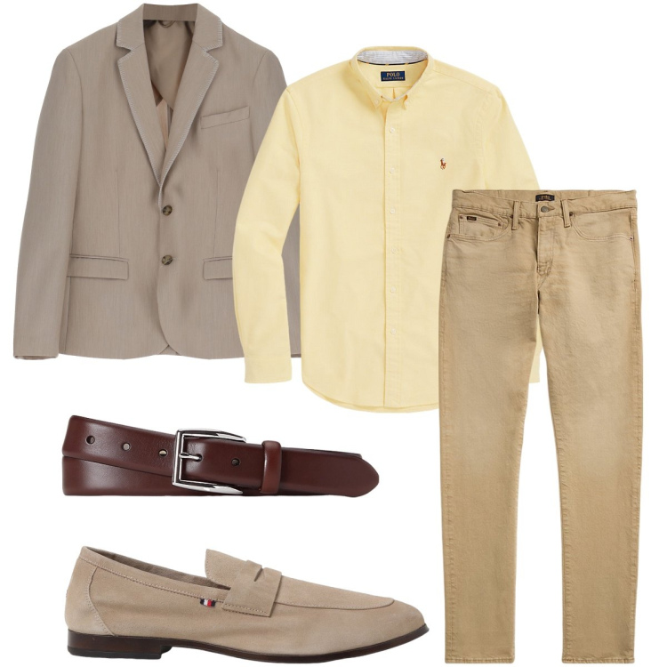 Outfit uomo - Giallo e beige. Stile Business/Elegante per Ufficio. Abbinamento con giacche, camicie, cinture, jeans, scarpe stringate.
