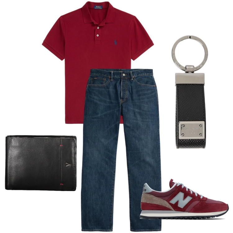 Outfit uomo - La polo come le sneakers. Stile Urban per Serata speciale. Abbinamento con sneakers, polo, jeans, portafogli, portachiavi.