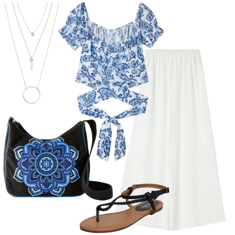 Outfit donna - Tutti in spiagga. Stile Boho per Mare. Abbinamento con ciondoli, borse a tracolla, bluse, ciabatte, pantaloni.