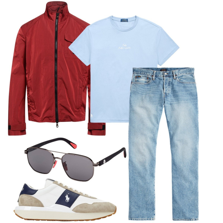 Outfit uomo - Il fresco della montagna. Stile Urban per Tutti i giorni. Abbinamento con giacche, t-shirt, sneakers, jeans, occhiali da sole.