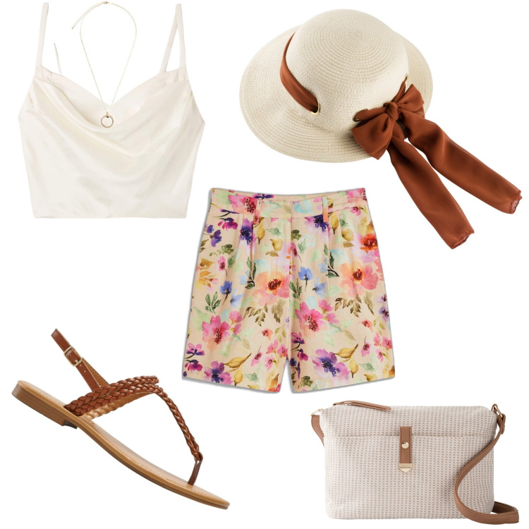 Outfit donna - Passeggiata tra i trulli. Stile Boho per Tutti i giorni. Abbinamento con cappelli, bermuda, borse a tracolla, ciabatte, collane, top.