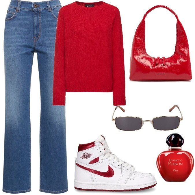 Outfit donna - Total look #1924362. Stile Trendy per Tutti i giorni. Abbinamento con profumi, jeans dritti, sneakers, borse a spalla, maglieria, occhiali da sole.