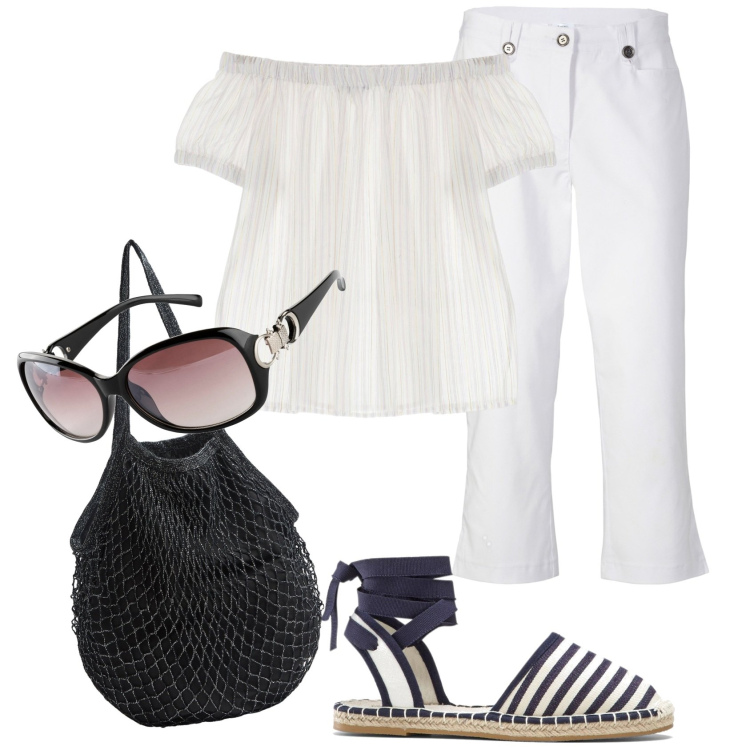 Outfit donna - Capri pants. Stile Trendy per Tutti i giorni. Abbinamento con pantaloni capri, espadrillas, occhiali da sole, borse a tracolla, bluse.
