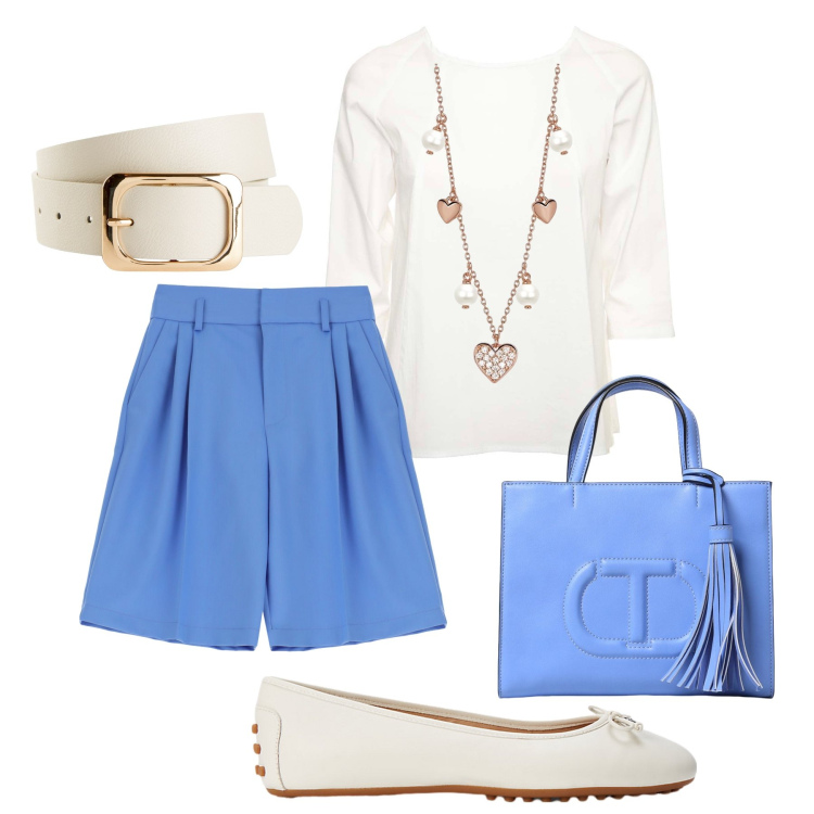 Outfit donna - Deep sky e latte in ufficio. Stile Glamour per Ufficio. Abbinamento con cinture, collane, bermuda, ballerine, bluse, borse a mano.