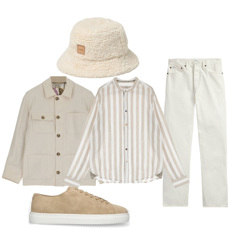 Outfit uomo - Bianco e sabbia. Stile Trendy per Tutti i giorni. Abbinamento con giacche, camicie, jeans dritti, sneakers, cappelli.