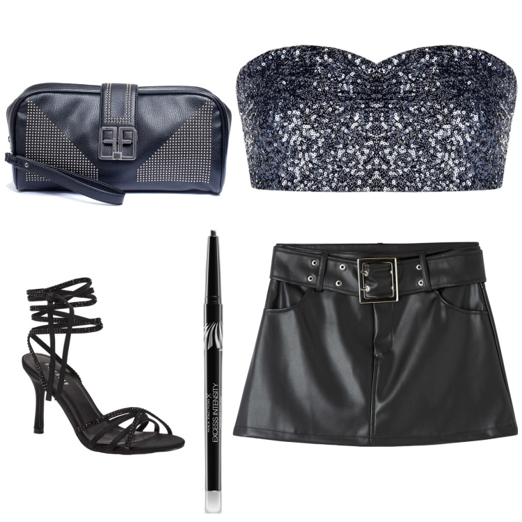 Outfit donna - Serata luccicante in discoteca. Stile Sexy per Serata fuori. Abbinamento con eyeliner, minigonne, sandali alla schiava, top, pochette.