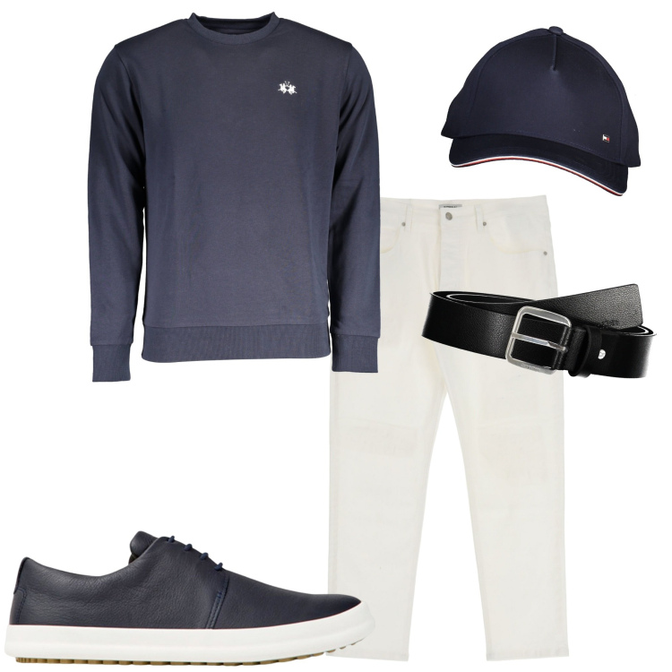 Outfit uomo - Giro in barca. Stile Urban per Mare. Abbinamento con pantaloni, cinture, felpe, scarpe stringate, cappelli con visiera.
