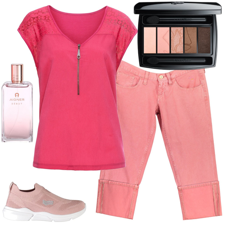 Outfit donna - Pink Capri. Stile Casual per Tutti i giorni. Abbinamento con t-shirt, ombretti, profumi, pantaloni capri, sneakers.