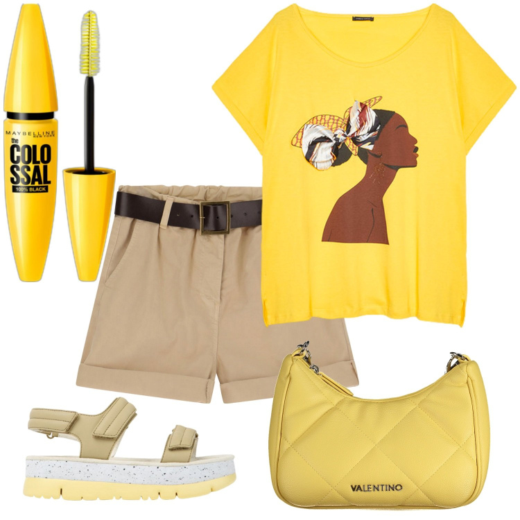 Outfit donna - Yellow. Stile Casual per Mare. Abbinamento con mascara, shorts, t-shirt, sandali in pelle, collane.