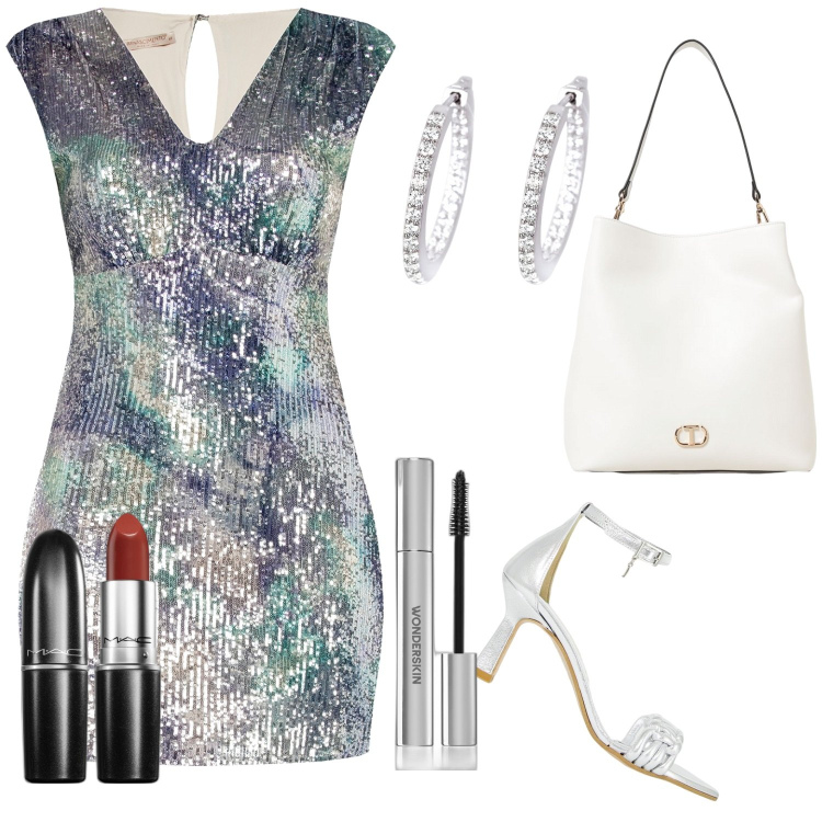 Outfit donna - Glam. Stile Glamour per Serata fuori. Abbinamento con mascara, rossetti, orecchini, vestiti a tubino, décolleté, borse a spalla.