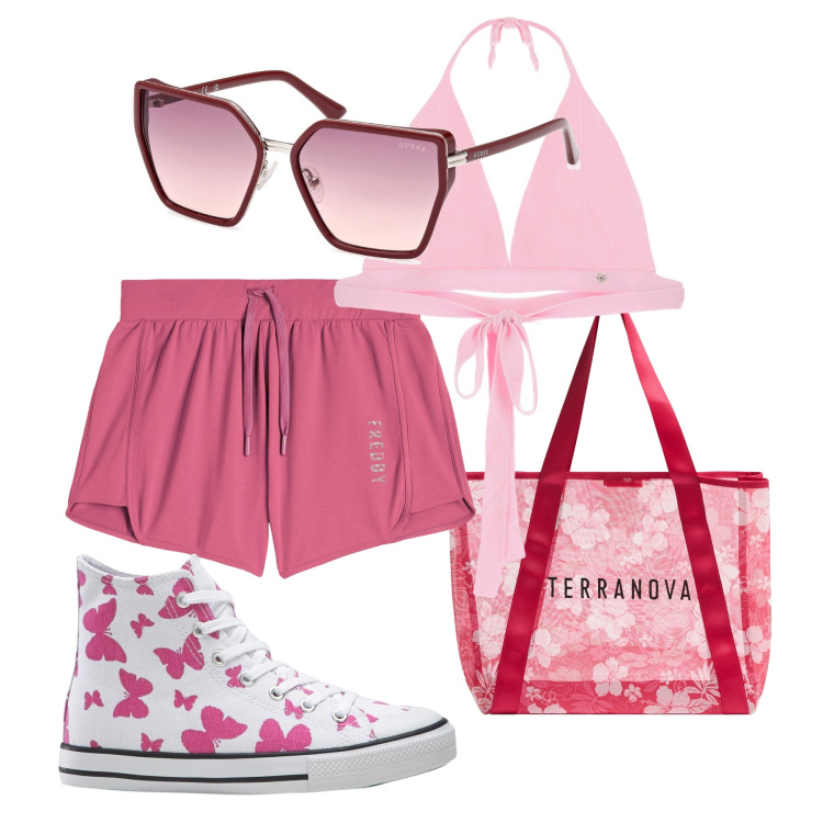 Outfit donna - Total look #1924414. Stile Casual per Tutti i giorni. Abbinamento con sneakers alte, shopping bag, top, pantaloni corti, occhiali da sole.