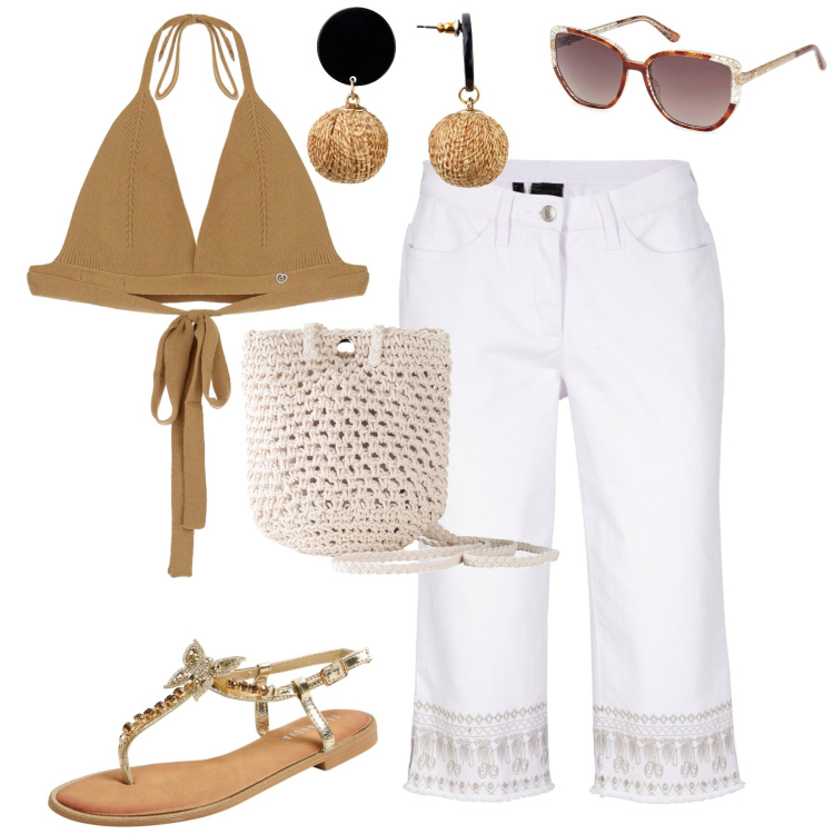 Outfit donna - I jeans capri. Stile Vintage retrò per Tutti i giorni. Abbinamento con orecchini, jeans, borse a tracolla, sandali gioiello, top, occhiali da sole.