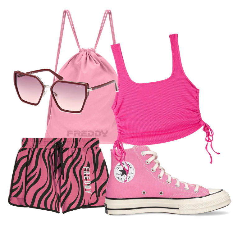 Outfit donna - Pink. Stile Basic per Tutti i giorni. Abbinamento con canottiere, pantaloni corti, zaini, sneakers, occhiali da sole.