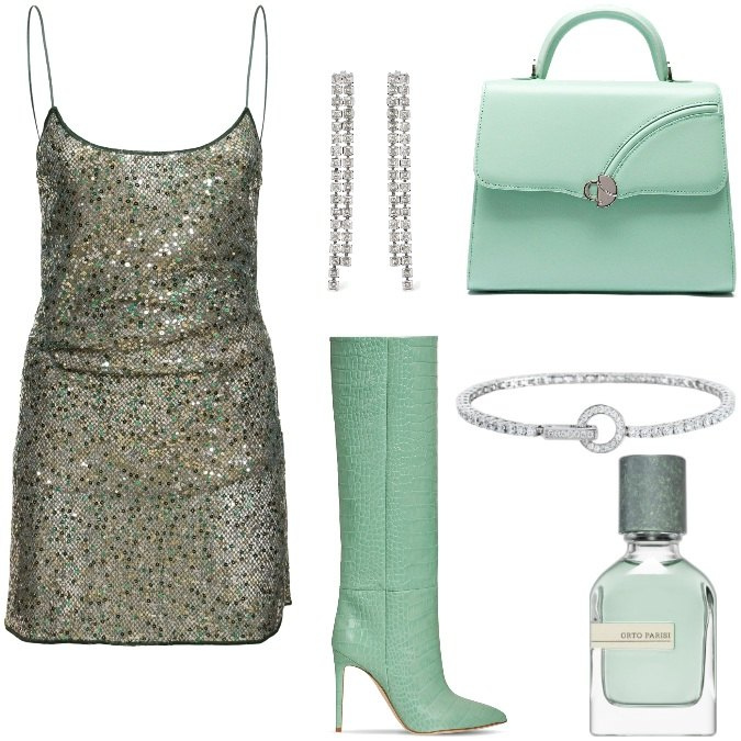 Outfit donna - Total look #1924422. Stile Chic per Serata fuori. Abbinamento con profumi, braccialetti, stivali, borse a mano, orecchini, vestiti.