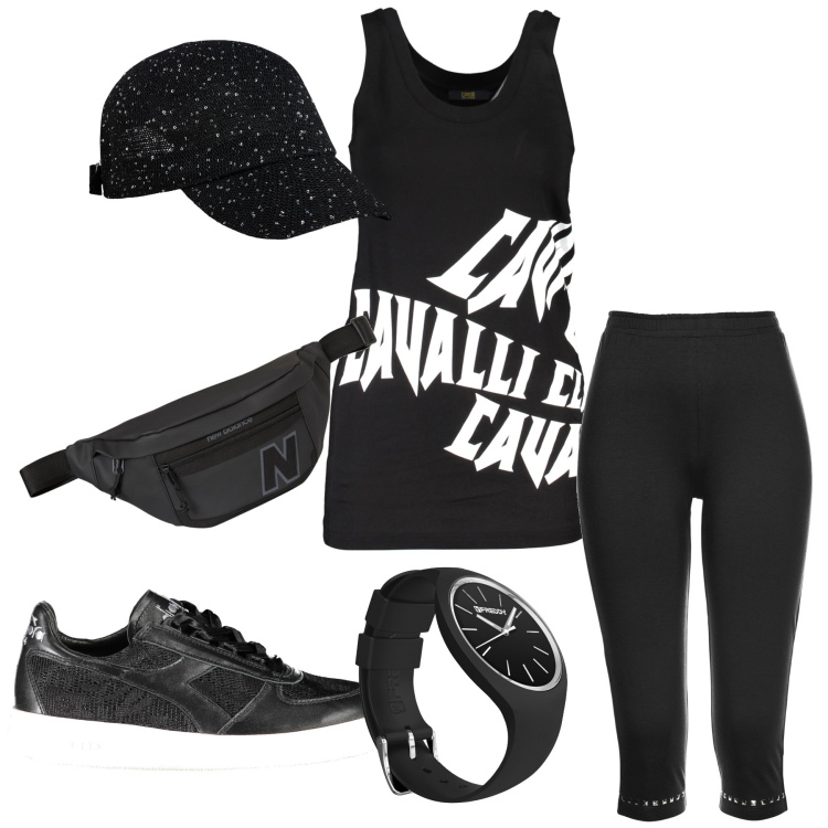 Outfit donna - Total look. Stile Sporty chic per Sport. Abbinamento con leggings, cappelli, marsupi, orologi, canottiere, sneakers.