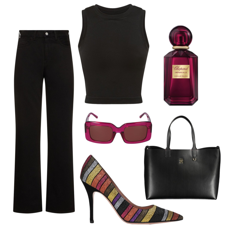 Outfit donna - Décolleté in primo piano. Stile Casual chic per Serata fuori. Abbinamento con décolleté, profumi, canottiere, occhiali da sole, jeans dritti, borse a spalla.