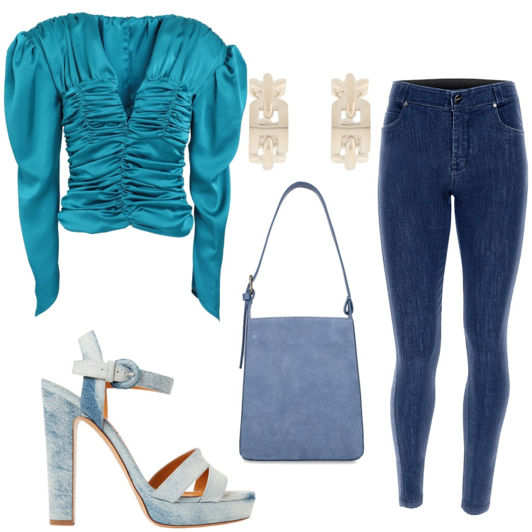 Outfit donna - Camicia ottanio. Stile Boho per Tutti i giorni. look ideale per Petite. Abbinamento con orecchini, top, jeans skinny, sandali col tacco, borse a spalla.