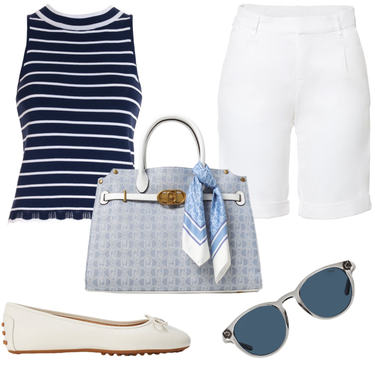Outfit donna - Classico in blu e bianco. Stile Bon Ton per Tutti i giorni. Abbinamento con bermuda, top, occhiali da sole, ballerine, borse tote.