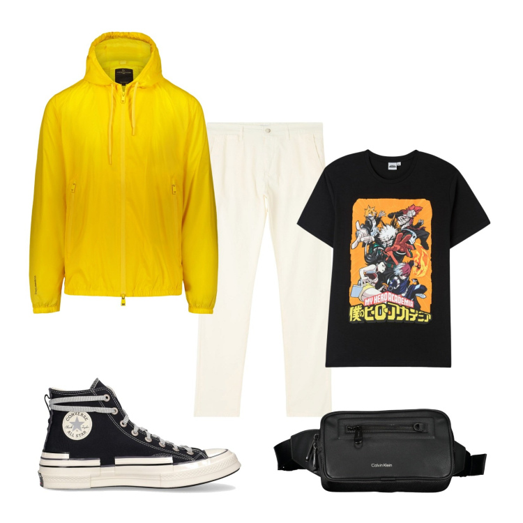 Outfit uomo - Festival sotto la pioggia!!!. Stile Casual per Serata speciale. Abbinamento con pantaloni chino, t-shirt, giacche, sneakers, borse sportive.