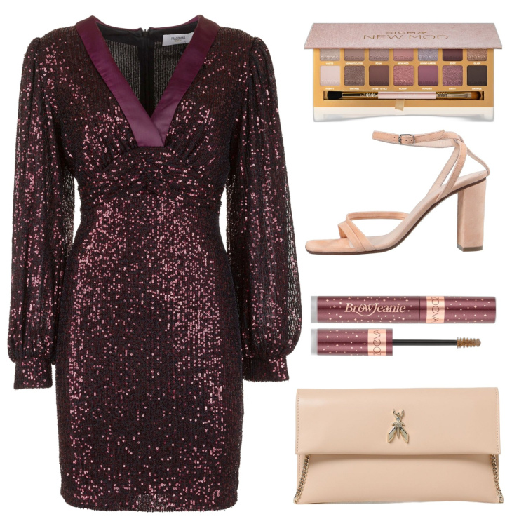 Outfit donna - Disco style #2. Stile Glamour per Serata fuori. Abbinamento con sandali in pelle, mascara, ombretti, vestiti, clutch.