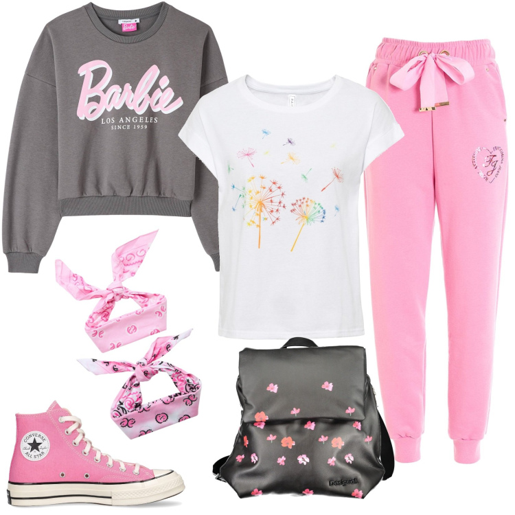 Outfit donna - Rosa Barbie. Stile Casual per Tutti i giorni. Abbinamento con t-shirt, felpe, fasce per capelli, pantaloni, sneakers, zaini.