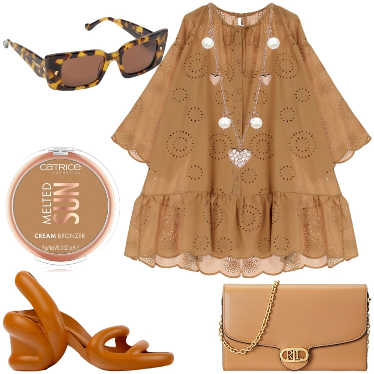Outfit donna - Total look #1924493. Stile Casual chic per Tutti i giorni. Abbinamento con terre, collane, vestiti corti, borse a tracolla, occhiali da sole, sandali col tacco.