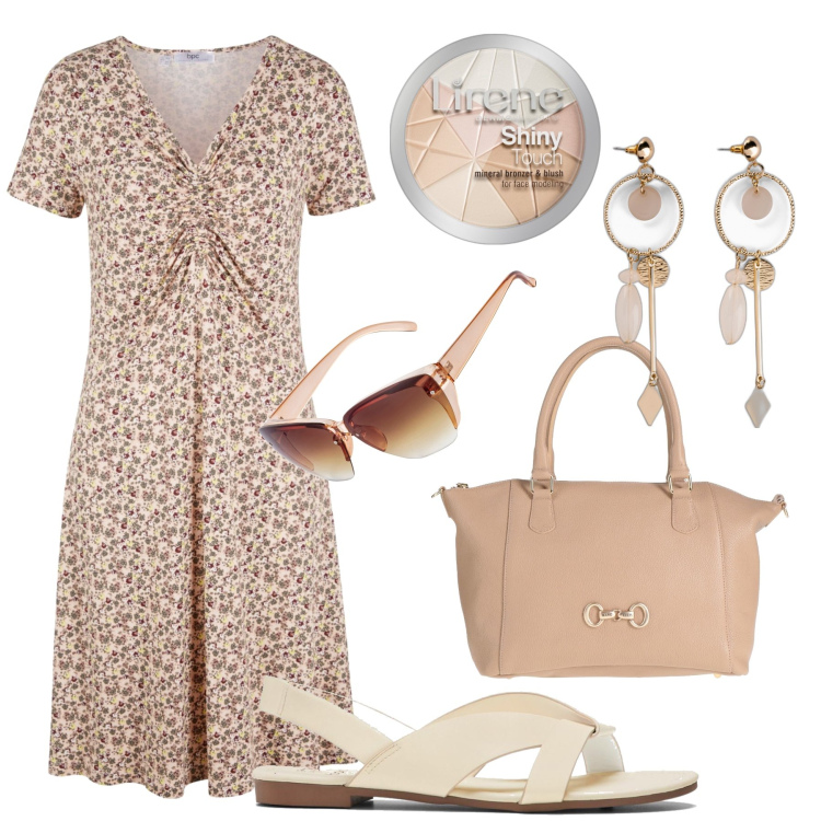 Outfit donna - In città d’estate. Stile Romantica per Tutti i giorni. Abbinamento con vestiti midi/longuette, orecchini, occhiali da sole, sandali, borse a mano, ciprie.