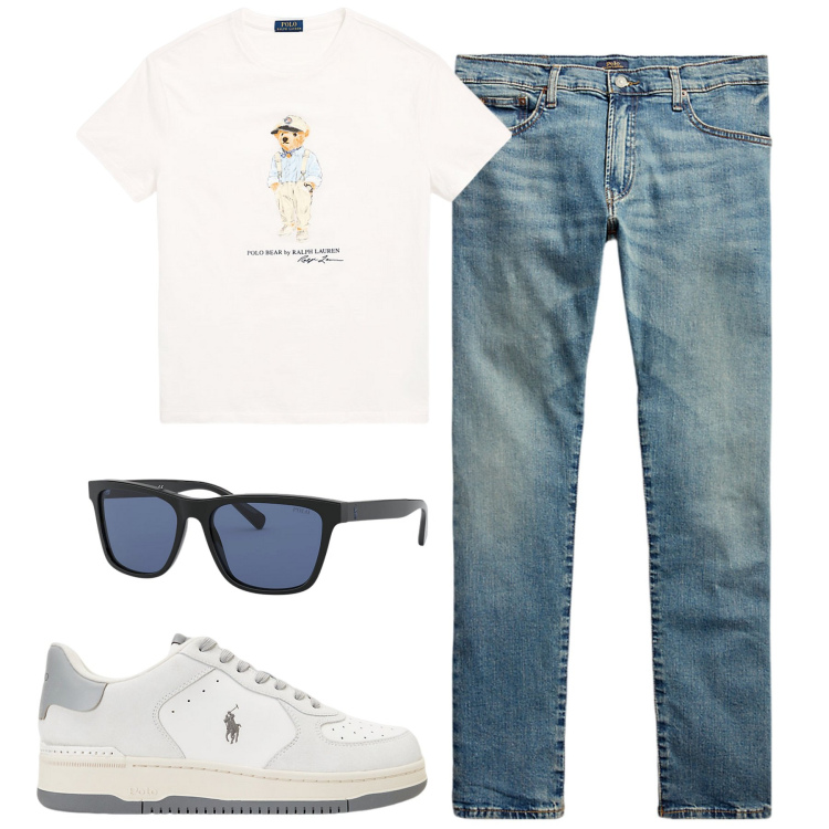 Outfit uomo - Luglio. Stile Casual per Tutti i giorni. Abbinamento con jeans, t-shirt, occhiali da sole, sneakers.