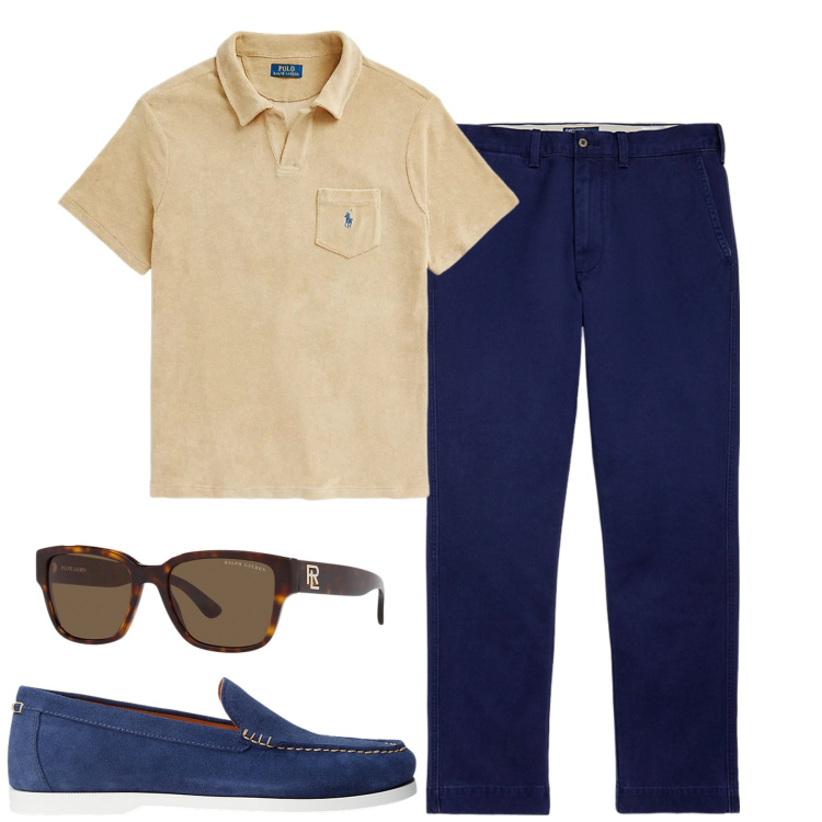 Outfit uomo - Total look #1924501. Stile Trendy per Tutti i giorni. Abbinamento con occhiali da sole, scarpe stringate, pantaloni chino, polo.