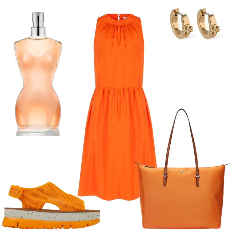 Outfit donna - In pizzeria con amiche. Stile Casual chic per Tutti i giorni. Abbinamento con profumi, vestiti midi/longuette, borse tote, sandali, orecchini.