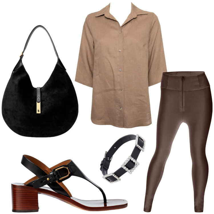 Outfit donna - Pomeriggio. Stile Basic per Tutti i giorni. look ideale per Petite. Abbinamento con pantaloni skinny, sandali in pelle, borse a spalla, collane, camicie a manica corta.