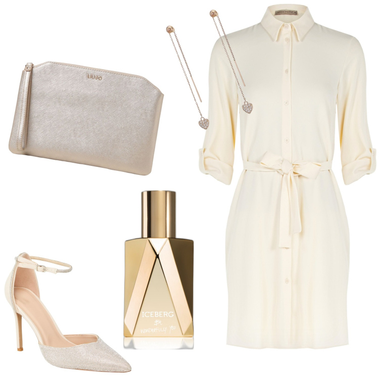 Outfit donna - Serata speciale. Stile Chic per Serata fuori. Abbinamento con profumi, orecchini, décolleté, vestiti chemisier, clutch.