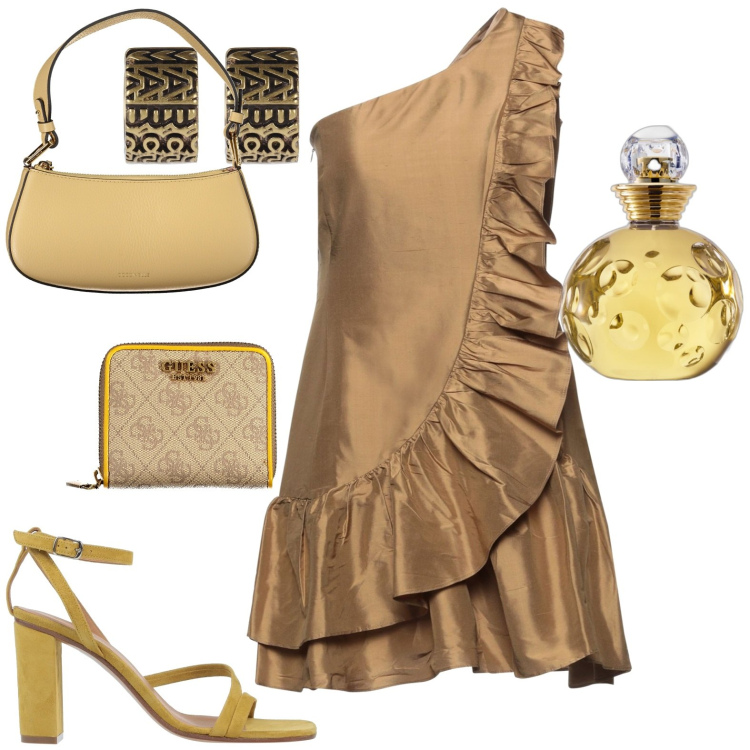 Outfit donna - Total look #1924516. Stile Chic per Serata fuori. Abbinamento con vestiti corti, sandali in pelle, profumi, orecchini, borse a spalla, portafogli.